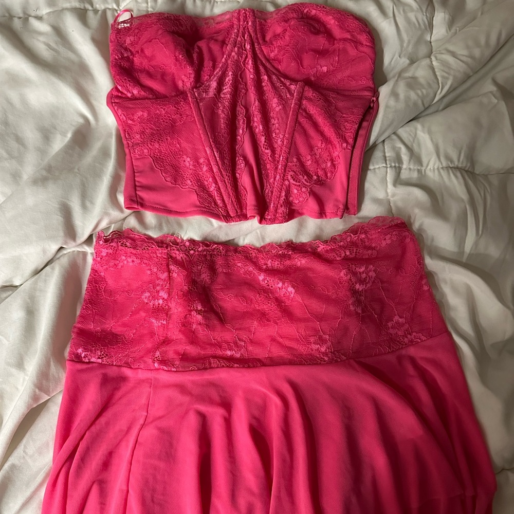 Pink Lace Corset and Skirt Set